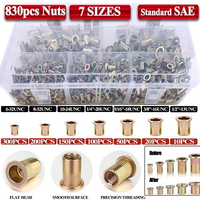 IMESHBEAN 830PCS Zinc Steel Rivet Nut Rivnut Insert Nutsert Assort Kit SAE Threaded Rivets