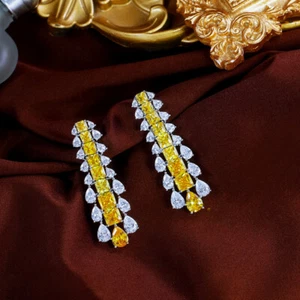 Long Water Square Dangle Drop Earrings Silver Plated CZ Yellow for Women Jewelry - Picture 1 of 8