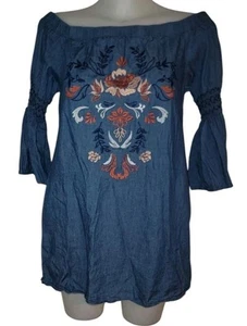 Women's Blue Floral Embroidered Babydoll Coquette Cottagecore Boho Dress Sz M - Picture 1 of 4