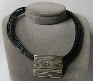 Bat Ami Israel 925 Sterling Modern Pendant Leather Cord Choker Necklace 29.37g - Foto 1 di 6