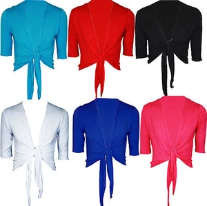 New Womens Ladies Plus Size 3/4 Sleeve Tie Up Bolero Shrug Cardigan Top 12-26 - Picture 1 of 7