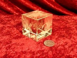 Antique Clear Etched Glass Cube Paperweight 2 inch Square - Picture 1 of 11