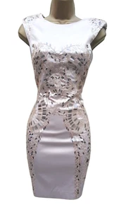 Size UK 10 Karen Millen Nude Cream Metallic Sequin Satin Pencil Mini Dress - Picture 1 of 9