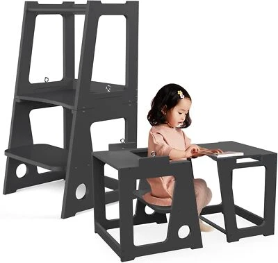 Height Adjustable Wooden Kitchen Step Stool for Kids and Toddlers, Black - Image 1 of 4