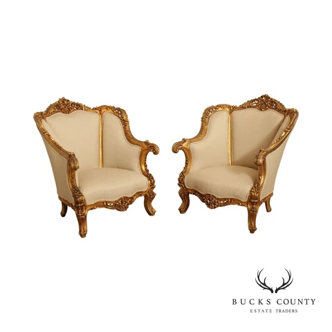 ITALIAN ROCOCO STYLE CARVED GILTWOOD PAIR BERGERE CHAIRS Cover