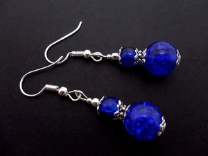A PAIR OF TIBETAN SILVER BLUE CRACKLE GLASS BEAD DANGLY EARRINGS. NEW. - Picture 1 of 1