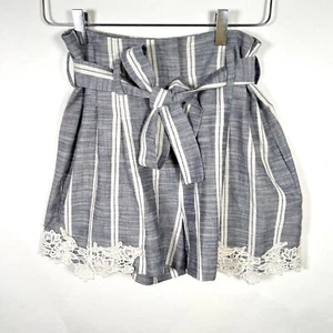 Zara Womens Striped Lace Trim Belted Shorts Sz M Medium Blue White - Picture 1 of 7