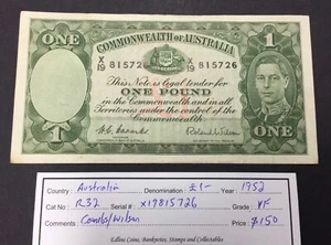 1952 KGVI Coombs/Wilson One Pound R32 S/N X19815726 - Picture 1 of 2