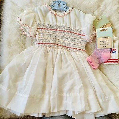 HB - Vintage New Hand Smocked Girls White Prairie Dress Ric Rac & 2 Pairs Socks - Image 1 of 4
