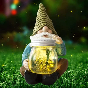 Solar Firefly Jar Gnome Waterproof- Large Garden Gnome Funny Solar Outdoor LED L - Picture 1 of 12