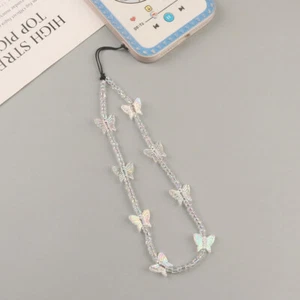 Phone Strap Bracelet Transparent Crystal Butterflies Beads Hanging Cord - Zdjęcie 1 z 10
