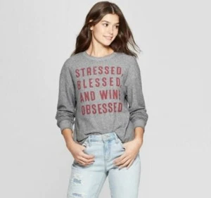 Women's Stressed Blessed Wine Obsessed Sweatshirt - Modern Lux - NWT - Picture 1 of 2