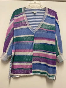 CATÁLOGO SUNDANCE Top-Azul/Blanco/Verde Algodón Tejido Manga 3/4 Cuello en V Pullover LG - Imagen 1 de 7