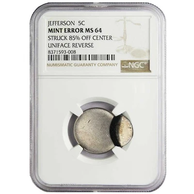 Jefferson 5c Mint Error Struck 85% Off Center Uniface Reverse MS64 NGC Brown - Image 1 of 2
