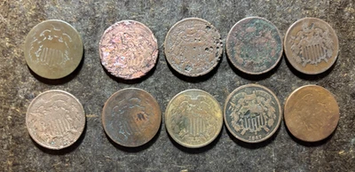 Lot (10) U.S. copper 2 Cent Coins, low grade/cull - No Reserve - Image 1 of 2