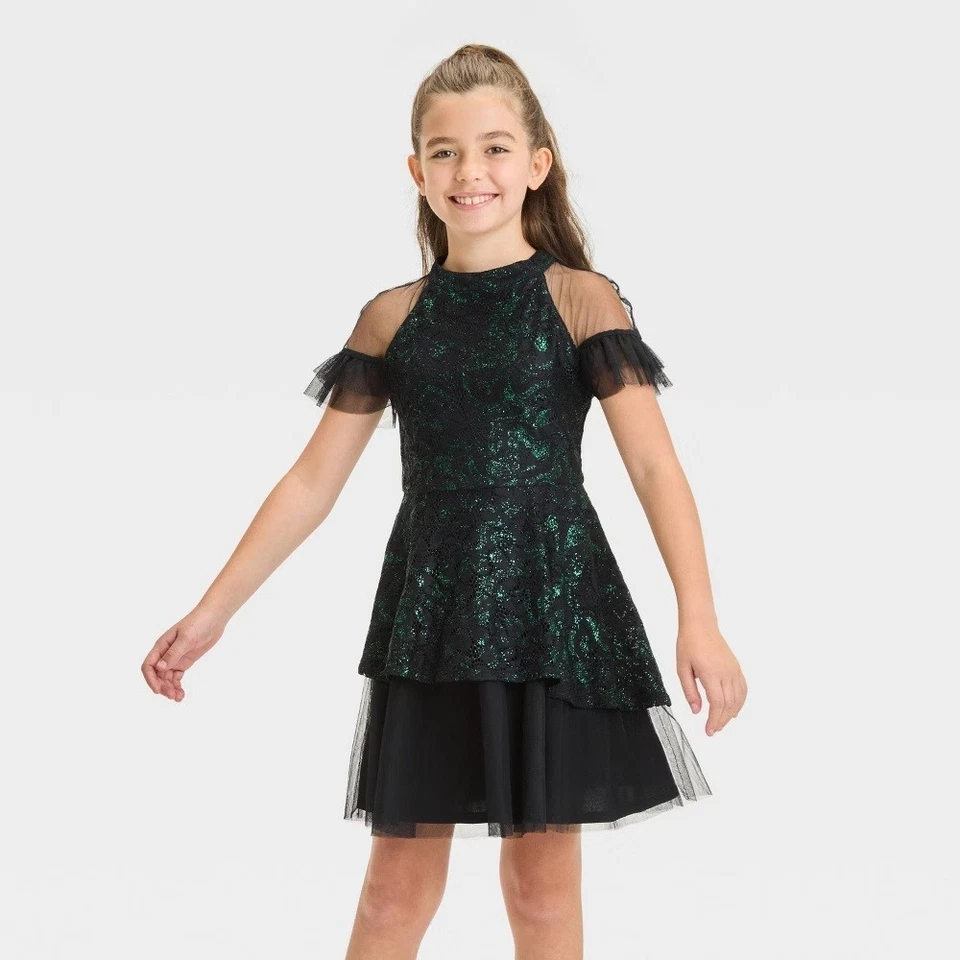 Wicked Girls XS 4/5 Dress Black Green Tulle Lace Frill