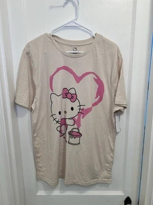 Hello Kitty новый бежевый с розовым сердцем графический футболка | женский размер L - Изображение 1 из 4