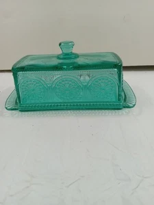 Pioneer Woman ~ ADELINE ~ Green Glass ~ Covered ~ Retro ~ Butter Dish - Picture 1 of 7
