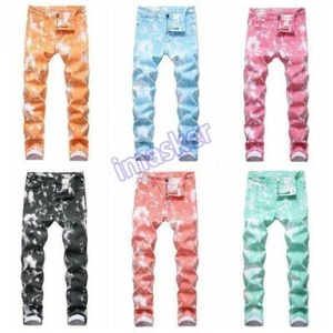 Men Tie Dyed Denim Pants Stretch Jeans Trousers Slim Straight Leg Bottoms Casual - Picture 1 of 30