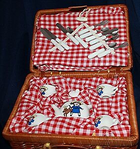 Vintage Madeline Porcelain Tea Set Picnic Basket service w/red checked linens 