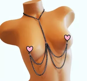 Non Piercing Black Nipple Chain Necklace Fake Nipple Rings Nipple Noose Jewelry - Picture 1 of 3