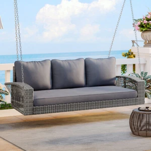 69" PE Wicker 3-Person Porch Swing w Chains & Cushions, Large Patio Swing Bench - Picture 1 of 12