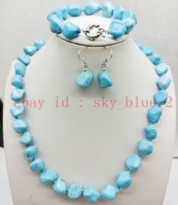 Charming 10-15mm Blue Irregular Turquoise Necklace Bracelet Earring Set