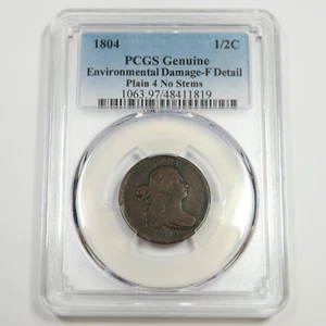 1804 PCGS F Detail - Plain 4 No Stems Draped Bust Half Cent 1/2c US Coin #51305A - Picture 1 of 4