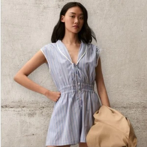 Anthropologie Maeve Eyelet Shorts Romper | Blue Stripe | Collar | Medium | NWT - Picture 1 of 11