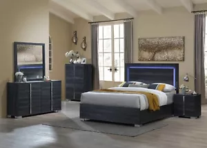 Modern Queen Size Bedroom Set 4pc LED Bed Dresser Mirror Nightstand Gray Finish - Picture 1 of 4