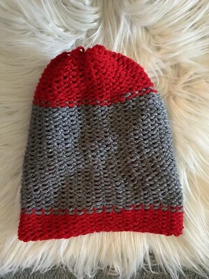 Unisex Adult  Red and Gray knitted hat one size fits most - Image 1 of 4