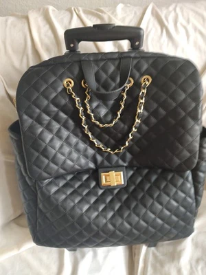 BLACK QUILTED FAUX LEATHER GOLD CHAIN ROLLING TRAVEL LUGGAGE BAG - Image 1 of 4
