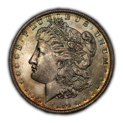 1884-O $1 Morgan Silver Dollar - Thick Rainbow Accent Toning - BU - SKU-D4683 - Image 1 of 4