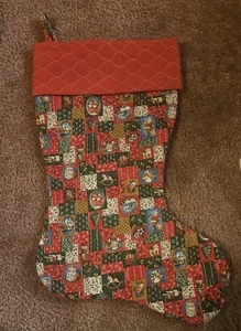 Vintage Red Christmas Stocking Handmade Quilted Santa Busy Holiday Pattern - Picture 1 of 3