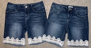 MUDD Girl's Size 16 Blue Jean Denim Crocheted Lace Bermuda Shorts Lot 2 pair - Picture 1 of 6