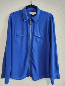 Michael Kors Women’s Royal Blue Zip Front Blouse Top Size XL Gold Hardware Roll - Picture 1 of 7