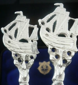 Pair Cased Dutch Pseudo Galleon Ship Silver Serving Spoons c.1890 - Picture 1 of 10