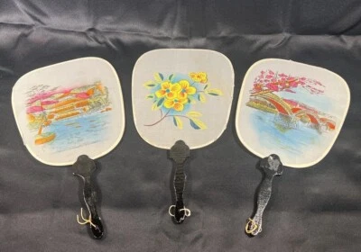 VTG Set 3 Floral Wooden Handle Hand Fans Linen/silk? 1950’s RARE Japan - Image 1 of 4
