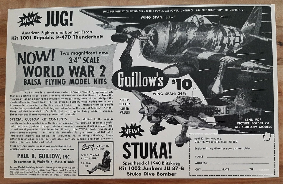 VINTAGE 1969 GUILLOWS STUKA / JUNKERS BALSA AIRPLANE MODEL ADVERTISEMENT  - Image 1 of 1