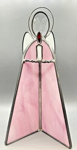 Vintage Lead Stained Glass Pink & White 9.5" Angel Holding Candle Figurine - Picture 1 of 8