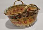 Vintage Italy Ceramic Basket Bowl w/ Handles Yellow Hand Painted Tuscan Italia
