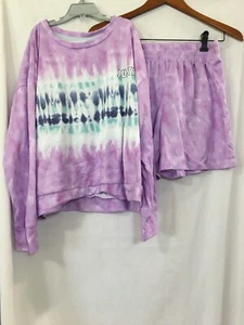 New Justice Girls Tie Dye Long Sleeve Top & Short 2 Pc Pajama Set L,XL - Picture 1 of 4