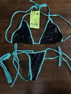 NWT Sexy Handmade Triangle Top & Tie Side Thong Shiny Black & Turquoise Bikini - Image 1 of 4