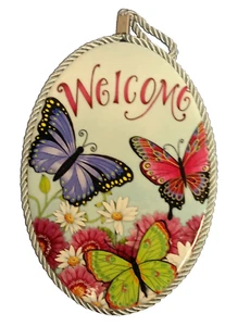 1 WALL OVAL PLAQUE with cork back, LARGE BUTTERFLIES & FLOWERS, WELCOME - Picture 1 of 6