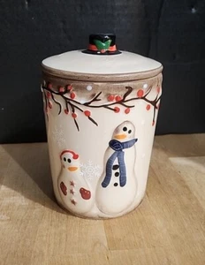 LTD Commodities Snowmen with Holly Lidded Canister Small Brown Fun Cute! - Picture 1 of 10