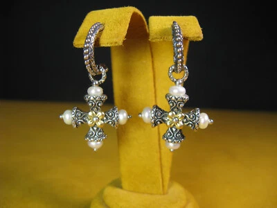 BARBARA BIXBY MALTESE CROSS PEARL HOOP EARRINGS SS 18K FLOWER CARVED Gift - Image 1 of 2