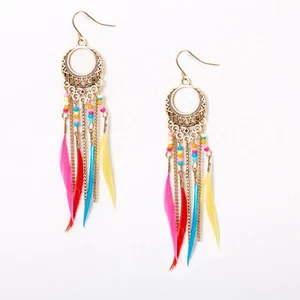 Boho Earrings Rainbow Feather Beaded Tassel Long Drop Gold Earrings 3.5" - Picture 1 of 1