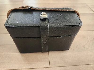 Steampunk Vintage Black Vinyl Camera Bag 1960s Straps Metal Clasp Red Lining  - Image 1 of 4