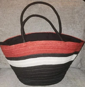 Woven Straw Tote Handbag Blk/ Red/Natural New w/o Tags - Picture 1 of 2
