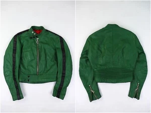 80s Vintage Girls HARRO Green Leather Moto Racing Cropped Biker Jacket Size 36 - Picture 1 of 16